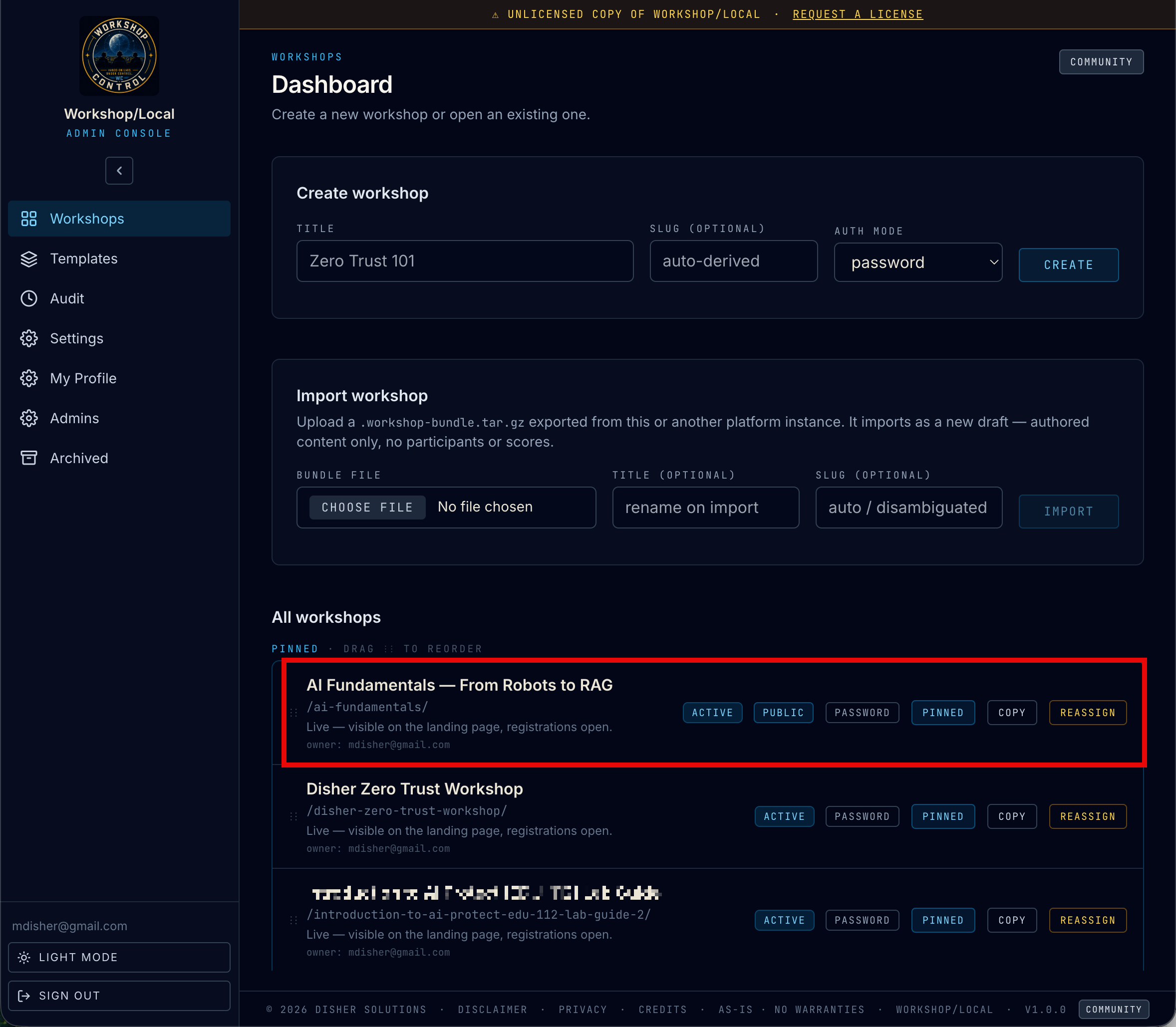 Admin dashboard listing the AI Fundamentals workshop