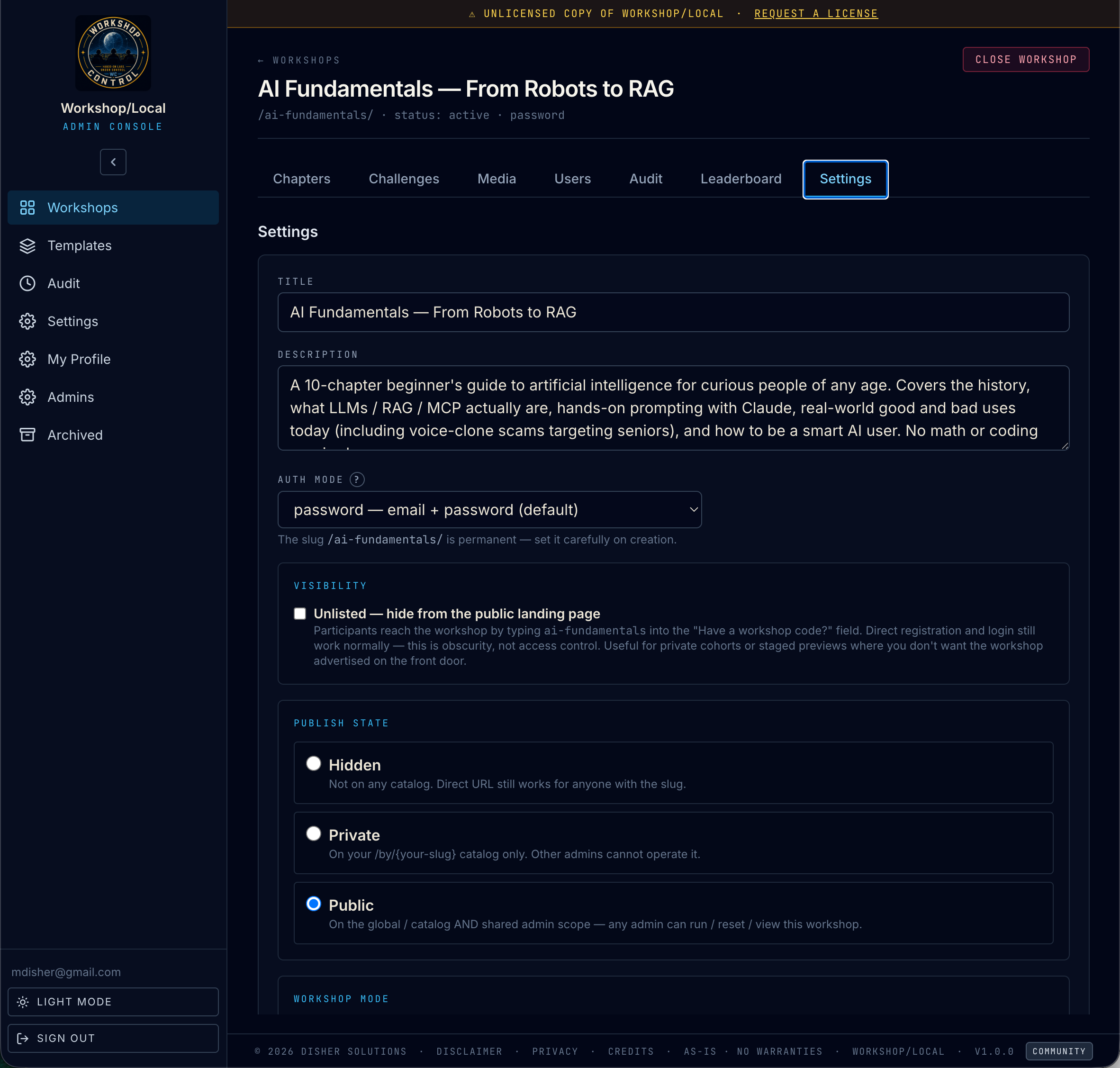 Workshop settings showing 10 chapters and 45 challenges