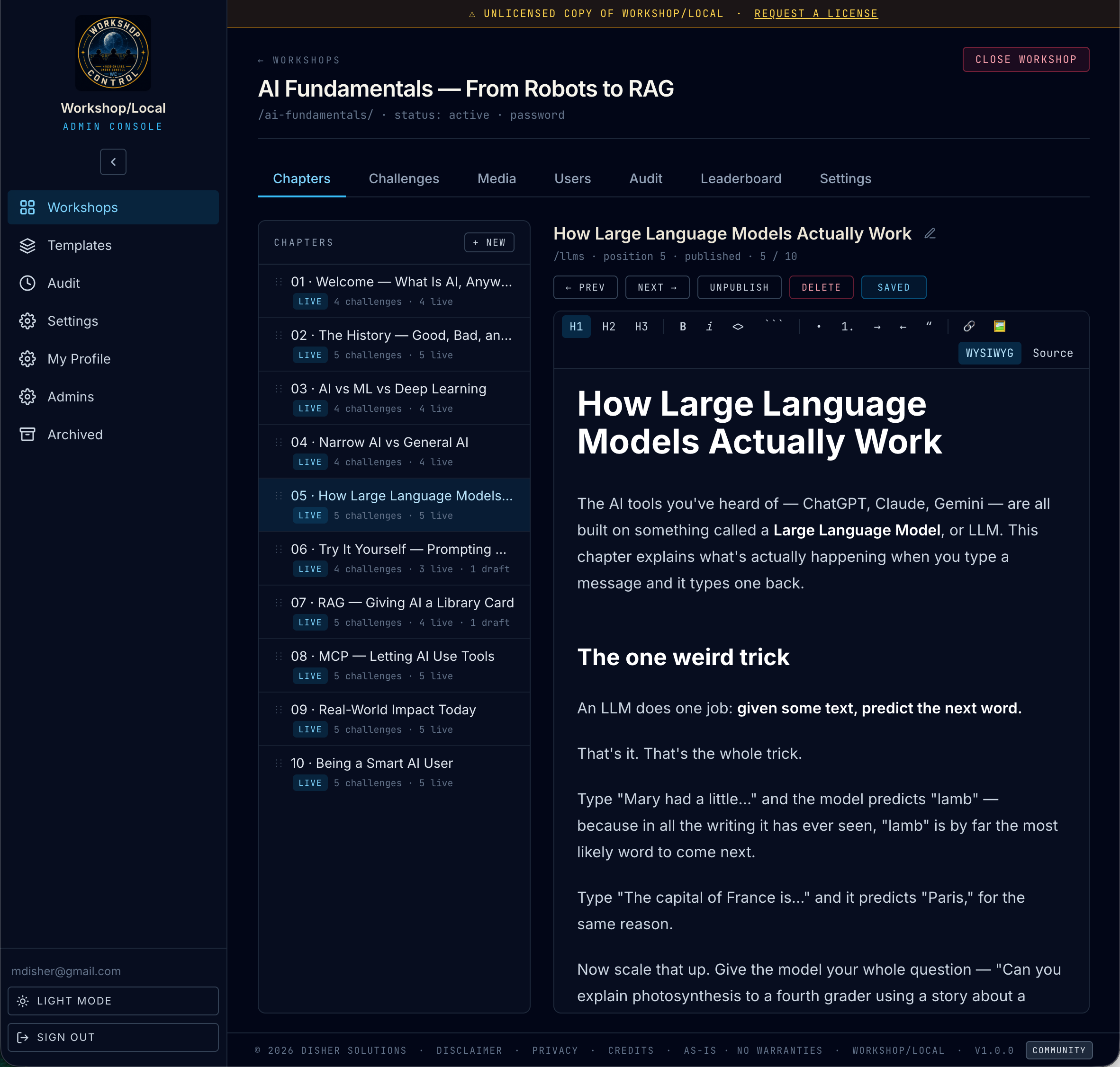 TipTap WYSIWYG editor open on Chapter 5