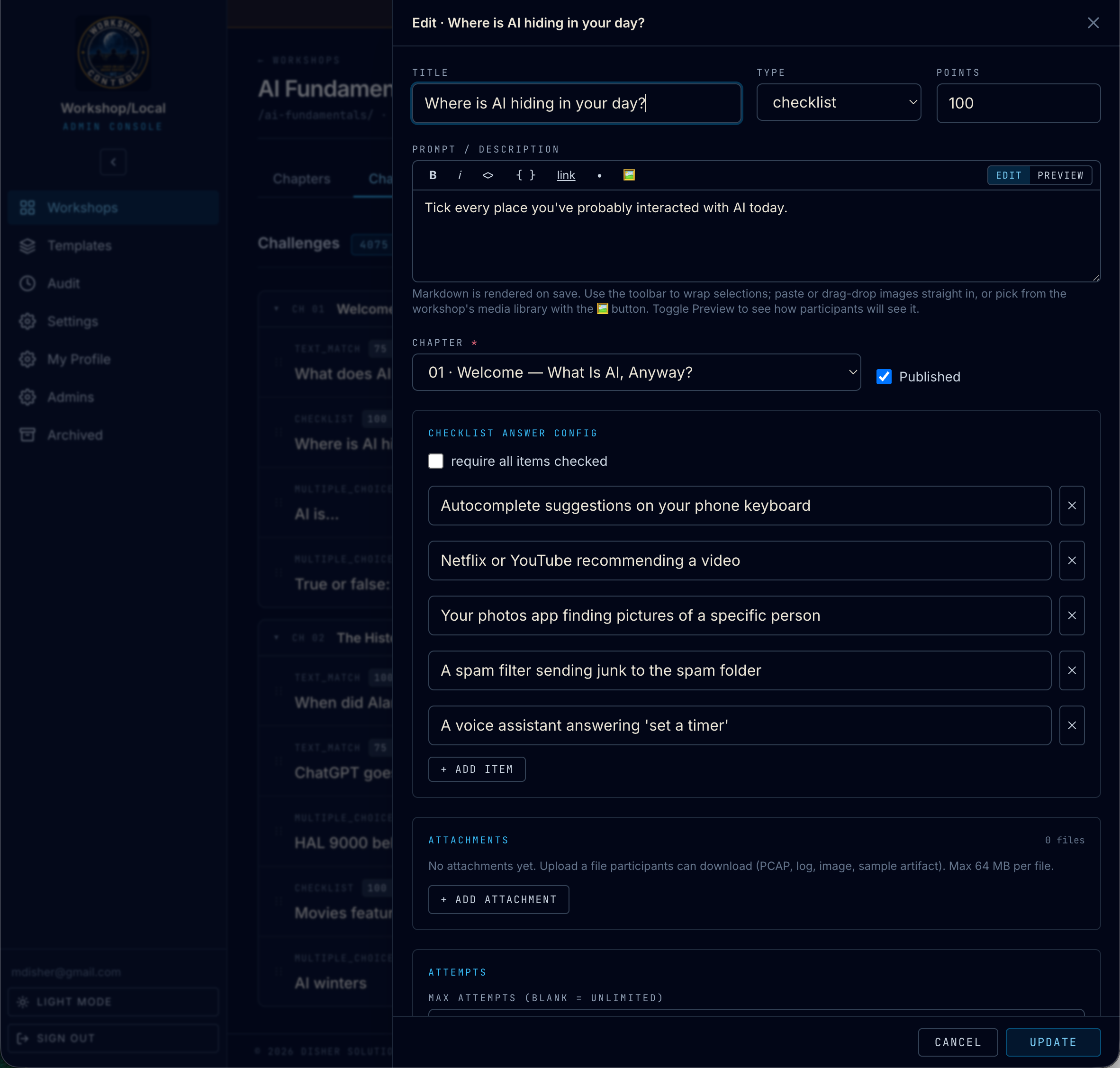 Checklist challenge builder open