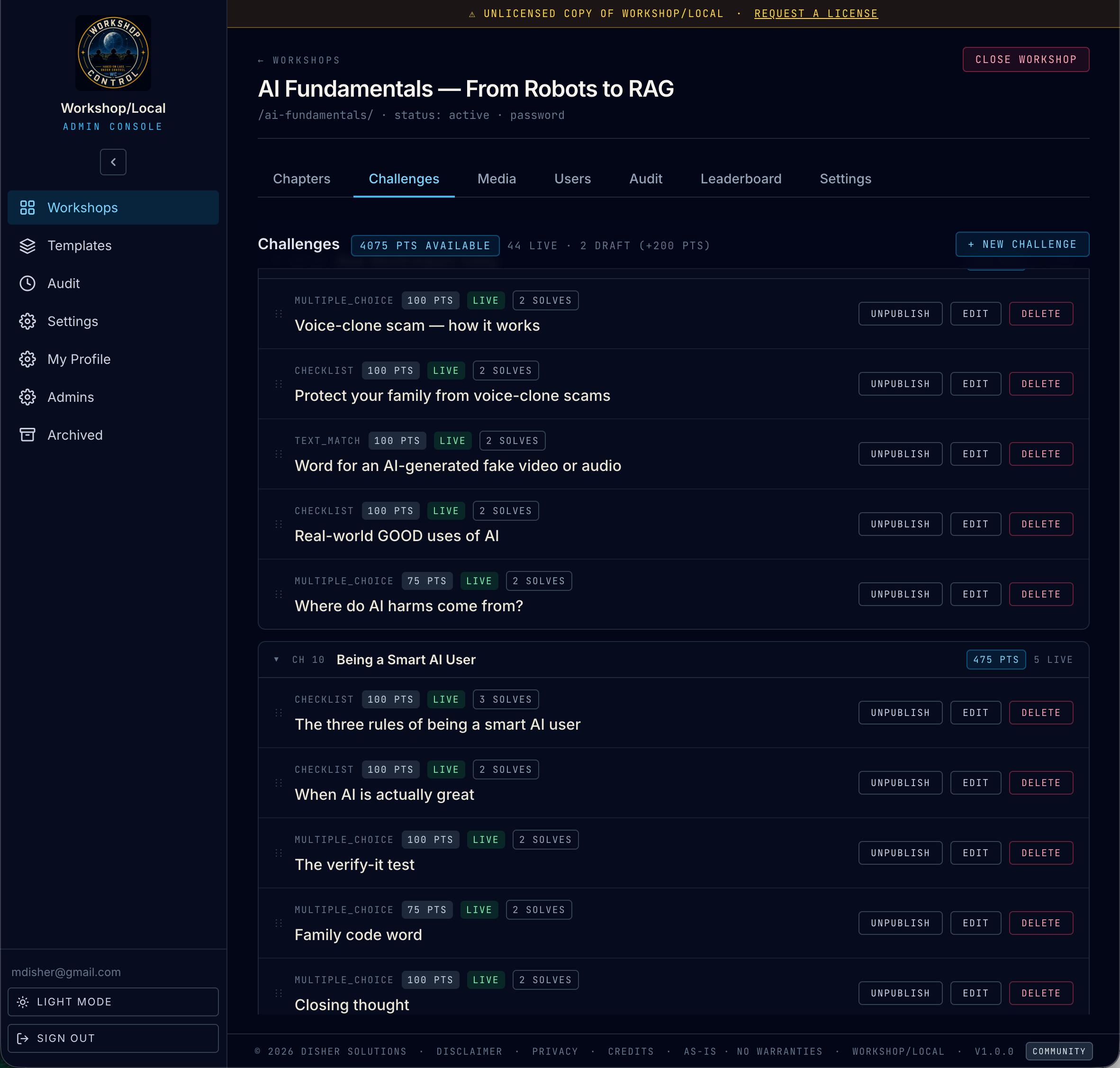 Challenges tab showing all 45 challenges grouped by chapter